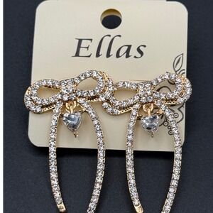 Ellas Gold Tone Rhinestone Bow Heart Dangle Drop Earrings New